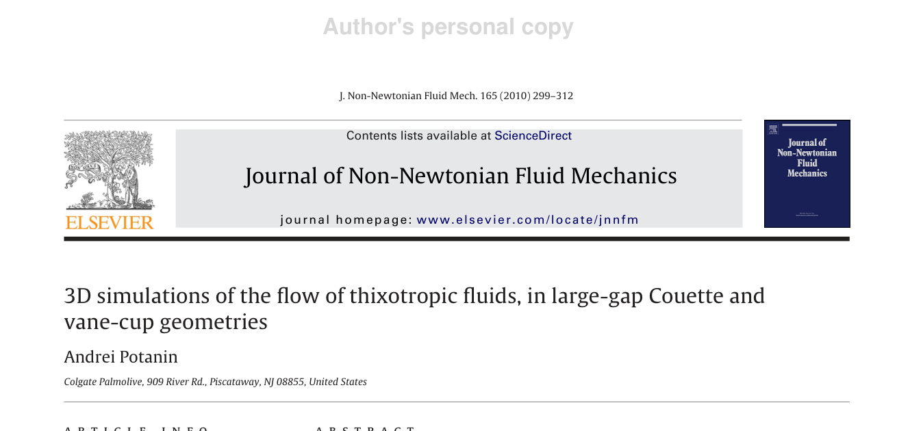 3D simulations of the flow of thixotropic fluids, in large-gap Couette and vane-cup geometries — journal paper header