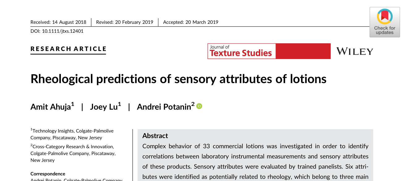 Rheological predictions of sensory attributes of lotions — journal paper header