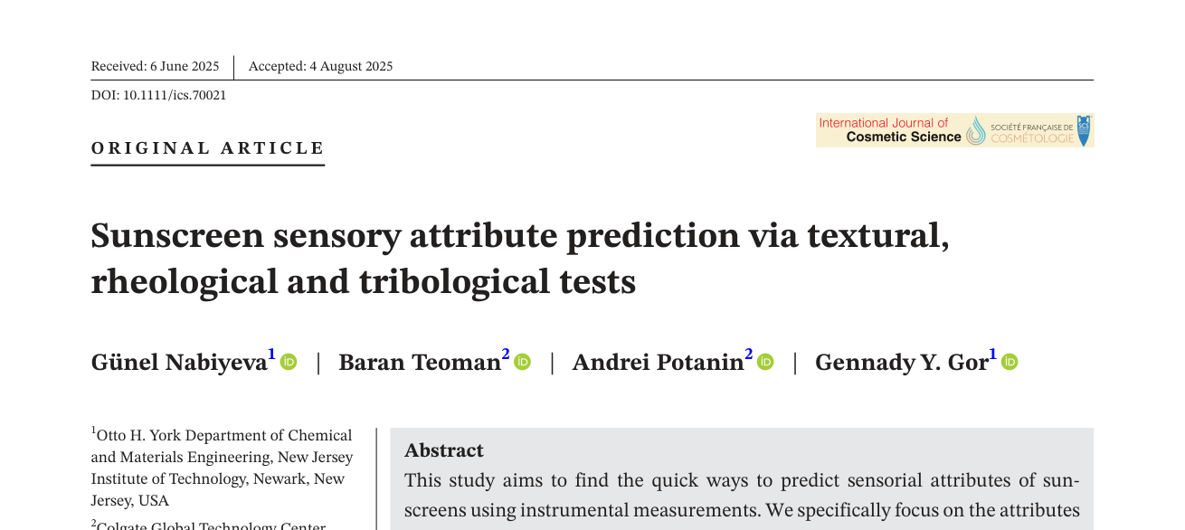 Sunscreen sensory attribute prediction via textural, rheological and tribological tests — journal paper header